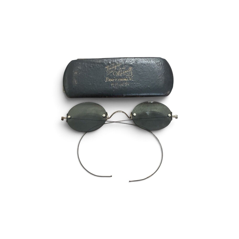 ANTIQUE 1930s Oval Rimless Sunglasses Tint Eyeglass case Vermont Art Deco